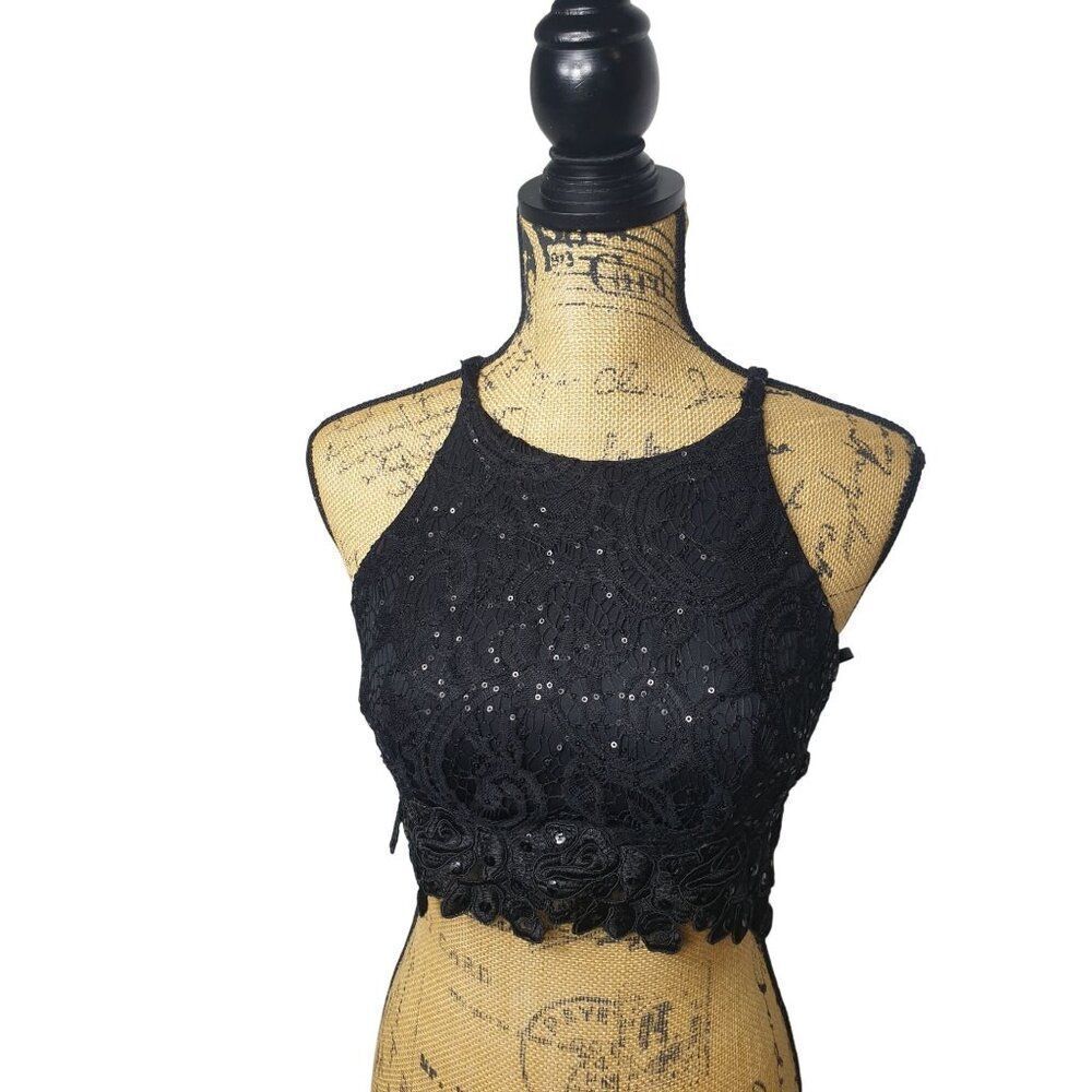 Women's Black Lace Sequin Halter Sz 5 Glamcore Top Floral Hem Festival Y2K